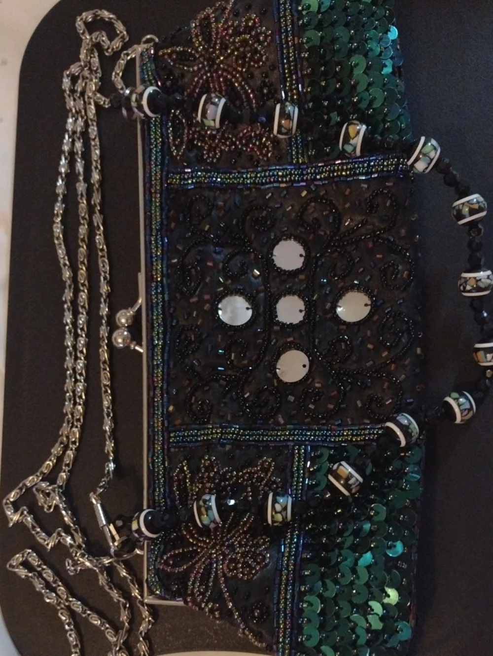 Beaded Sequin Evening Clutch in Teal and Black